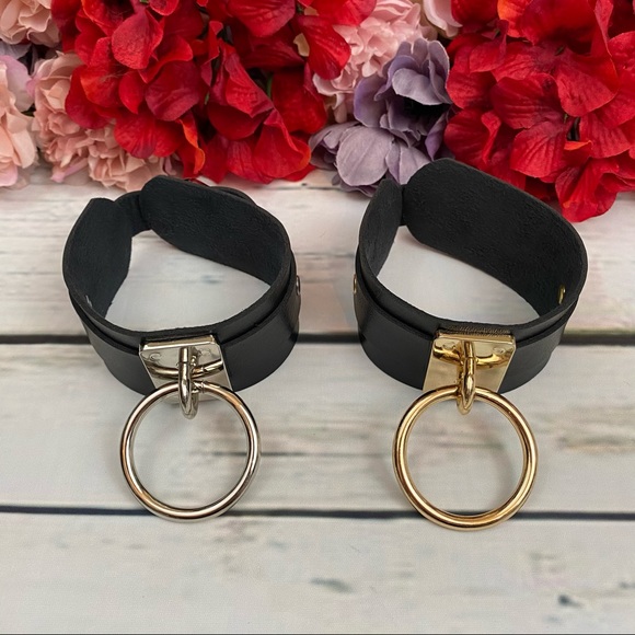 Punk Gothic Black Vegan Leather Metal Ring Bracelet - Picture 5 of 16